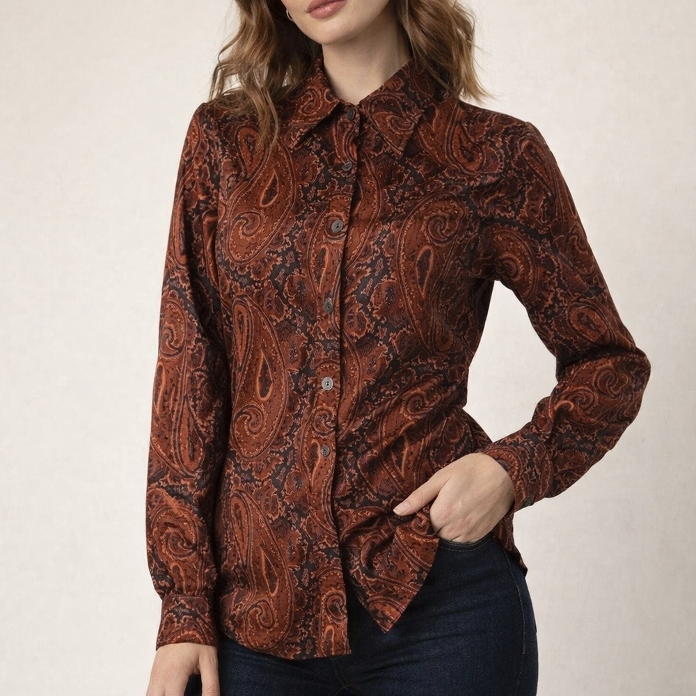 VTG JACK WINTER 1970s Rust Paisley Button Down Long Sleeve Shirt